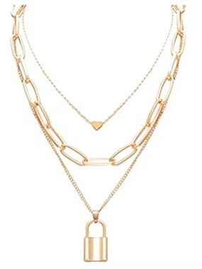 GOLD PLATED LOCK CHAIN PENDANT LAYERED NECKLACE